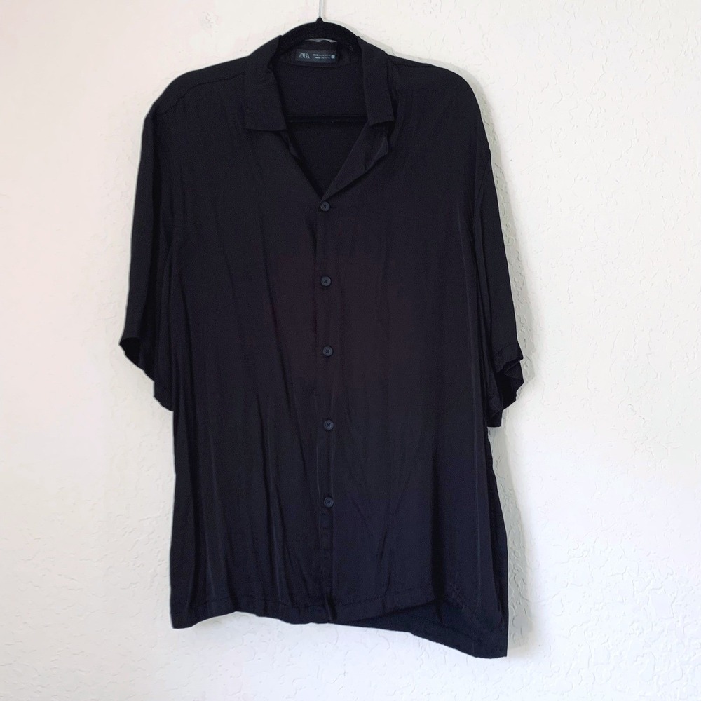 Zara Button Down Shirt Men XL Black Satin Short Sleeve Going Out‎ Party Goth